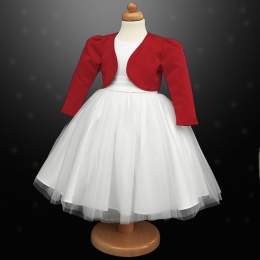 Girls White Diamante Organza Dress with Red Bolero Jacket